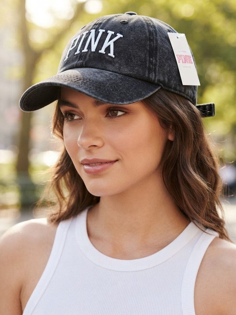 VS Hat Black Strapback Buckle Pink Denim Casual Baseball Cap